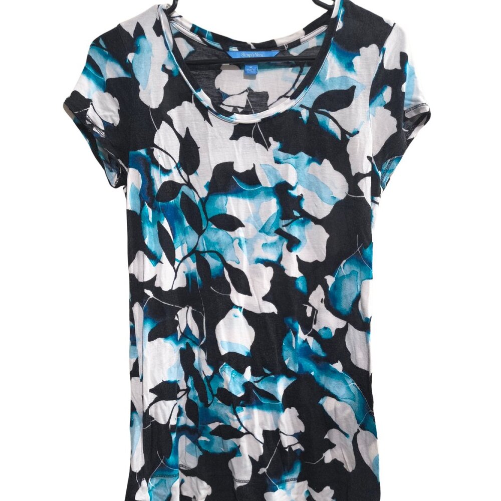 Simply Vera Vera Wang Size Medium Teal Black Floral Scoop Neck Short Sleeve Top